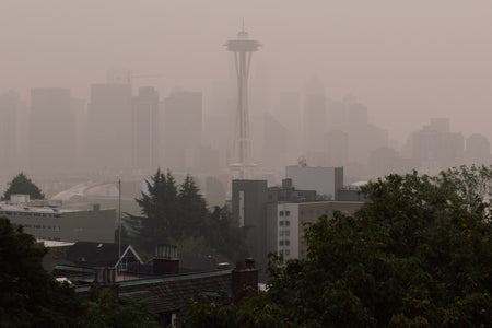 Seattle skyline obscurred by wildfire smoke