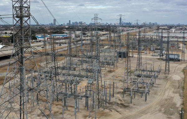 An aerial view of an electrical substation on February 21, 2021 in Houston, Texas.