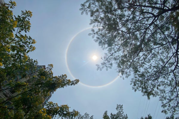 A halo around the sun seen from a city block.