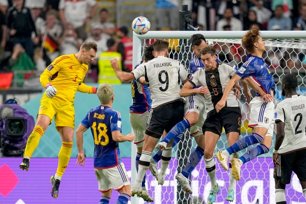 Germany contols ball at goal during World Cup match
