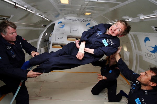 Stephen Hawking smiles as he experiences zero gravity.