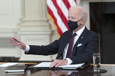 U.S President Joe Biden speaks during a roundtable meeting.