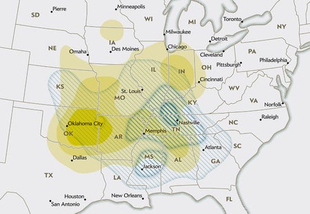 地图显示大型龙卷风暴发区间隔两次:1950至1980年和1989至2019年密度最高区域向东转移,从俄克拉荷马州和阿肯色州转到肯塔基州和田纳西州