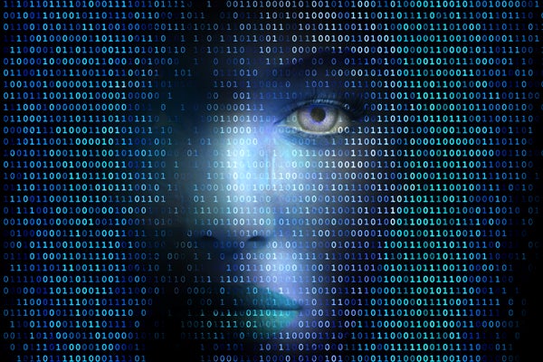 Human face behind binary code
