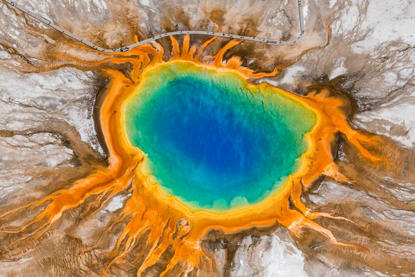 Aerial view, Grand Prismatic Spring, Midway Geyser Basin.