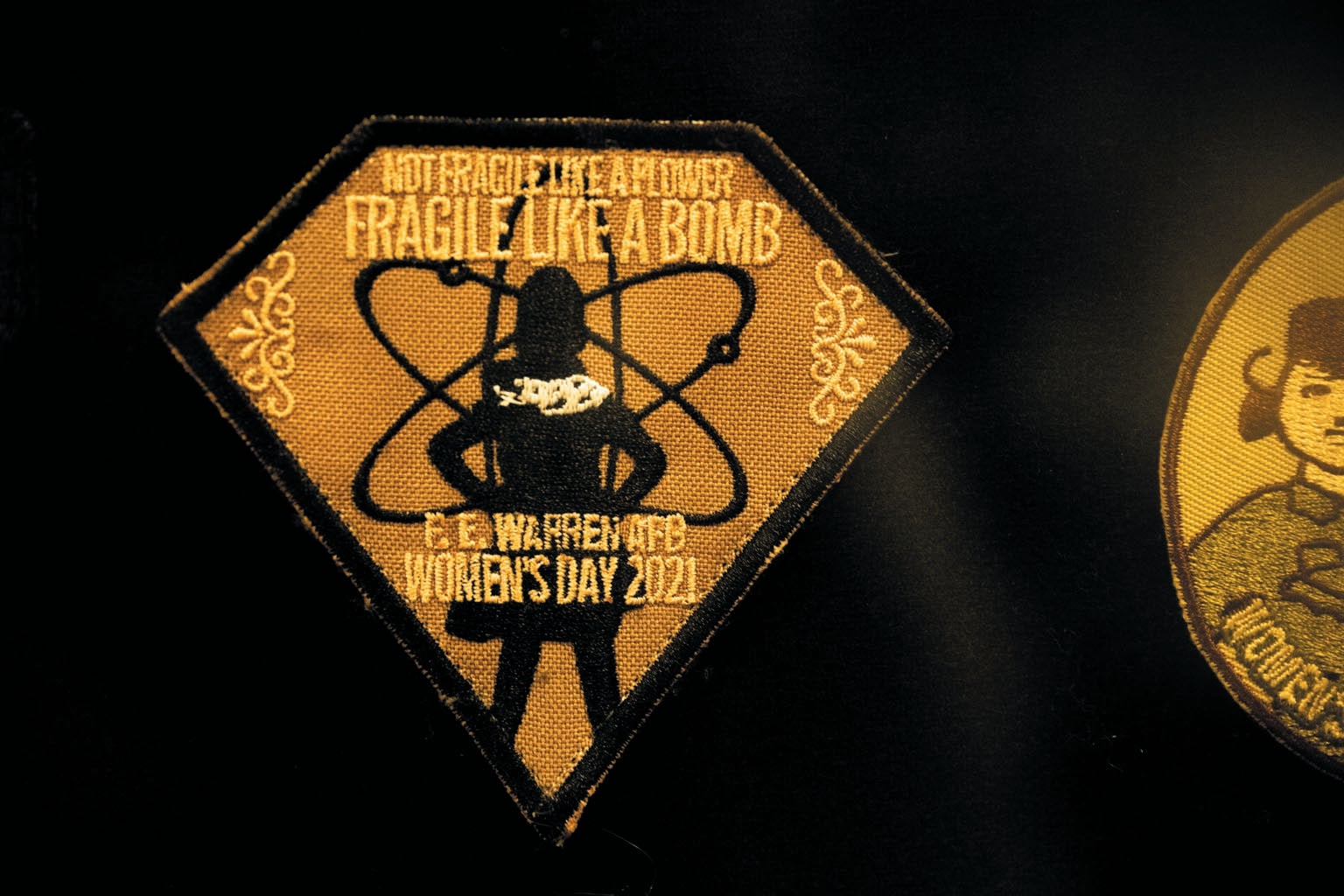A patch showing the figure of a woman and the nuclear symbol.