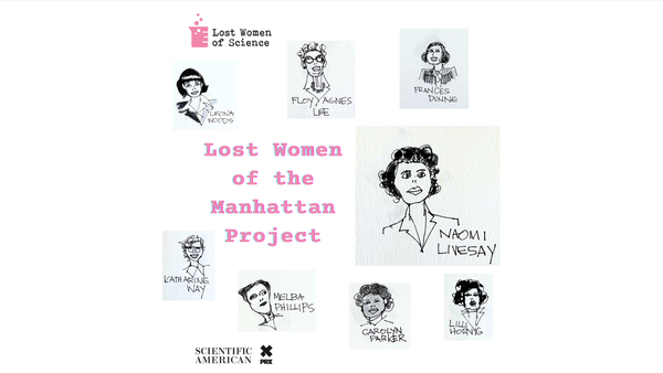 Black and white illustrations of several women with the words Lost Women of the Manhattan Project
