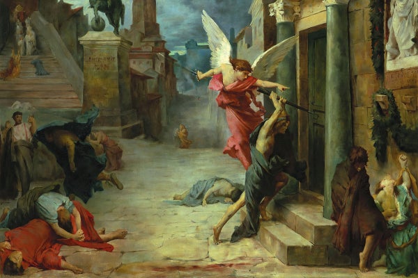 Jules Élie Delaunay's painting "Plague in Rome" (1869), in which plague-stricken figures lie in torment in the streets, on the right, a good angel commands a bad angel to strike the homes where the plague will enter with his spear