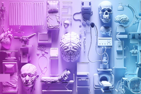 Arist's collage of 3-dimensional medical equipment at varying scales laid out on a surface with a brain in the center seen from above. Pink, white and blue are overlayed as the coloring across the image from left to right, similar to the trans flag