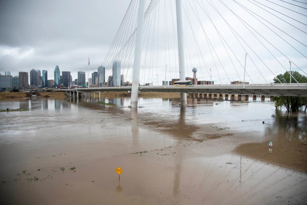 Brown flood waters under city bridge