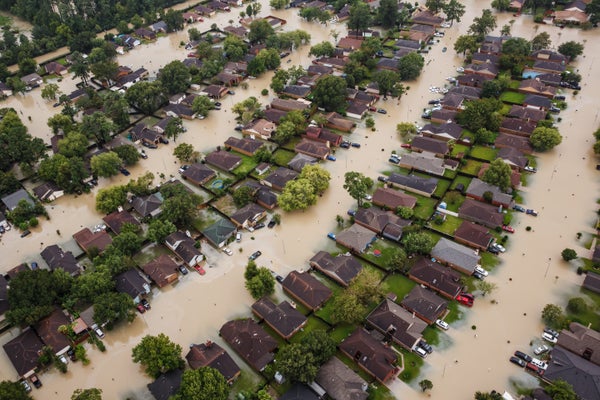 Aerial view of flooded houses.