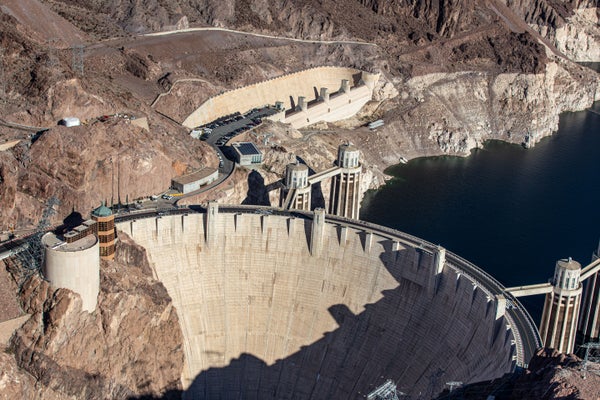 Aerial view of dam with low water levels