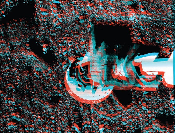 Anaglyph double image of OSIRIS-REx'S sampling arm reaches toward the asteroid Bennu.