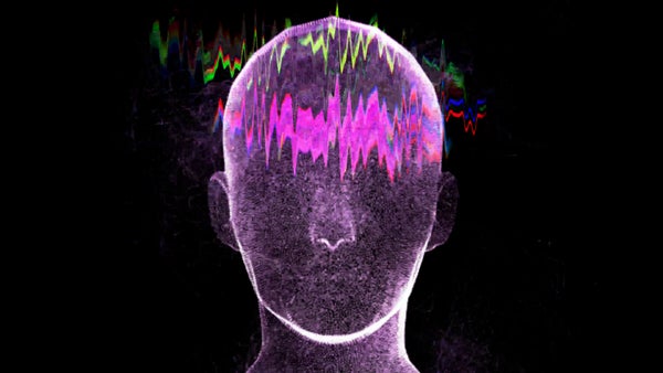An illustration of a human mind with glitching wave inside it