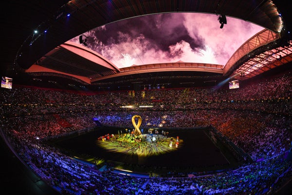 An overview of the stadium interior during the opening ceremony.