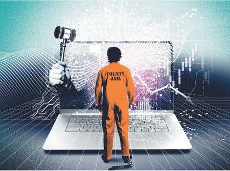 Man wearing a prison orange jumpsuit positioned in front of a shattered computer screen.
