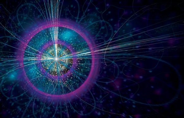 Artist's rendering of a Higgs boson particle interaction inside the Large Hadron Collider.