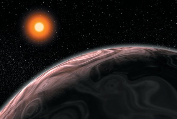 Illustration of a world orbiting a red dwarf.