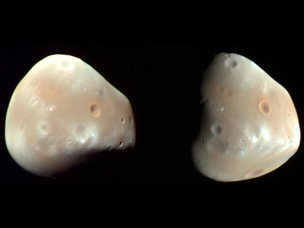 Two views of Mars' moon Deimos