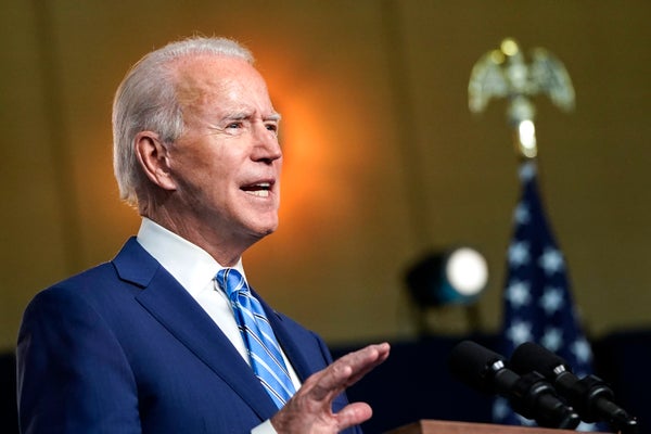 Joe Biden speaks the day after Americans voted in the presidential election Day on November 04, 2020 in Wilmington, Delaware.