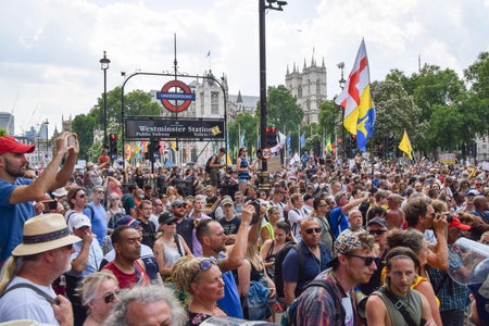 Dense crowd of demonstrators gathers near the Westminister Station metro stop to celebrate Freedom Day.