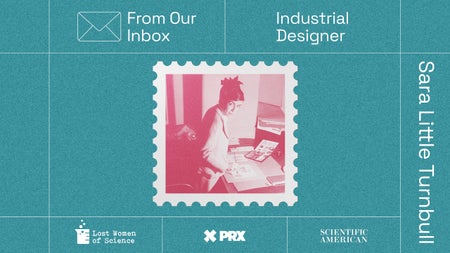 An old photo of a woman in a lab coat bordered by a postage stamp design