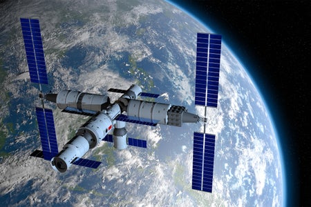 A computer rendering of China's new Tiangong space station as seen from orbit.