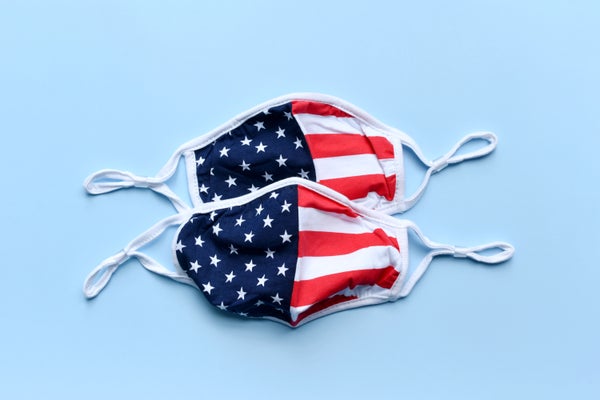 American flag protective face masks on a blue background