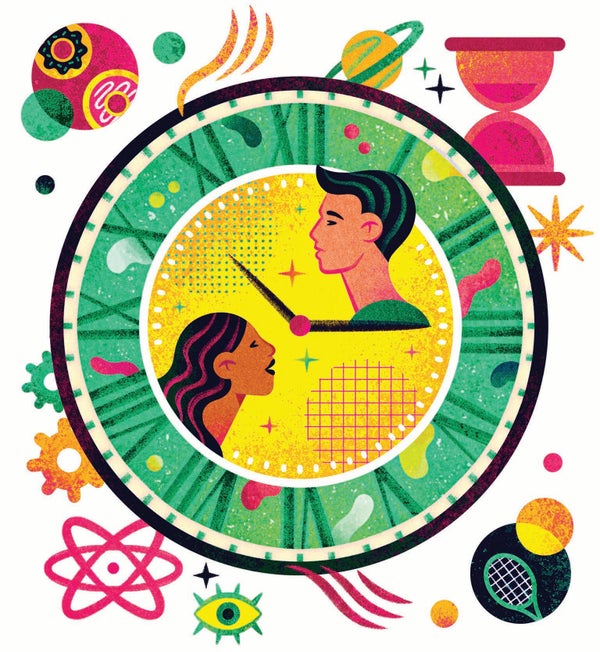 Illustration of the heads of a boy and girl inside a colorful clock.