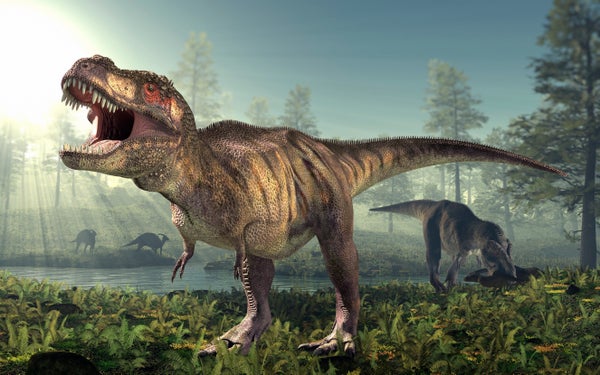 Tyrannosaurus rex illustration in landscape.