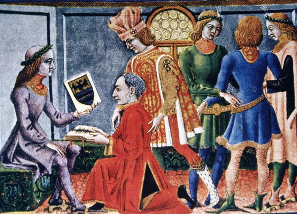Painting of Emperor Frederick III receiving from the astronomer G. Bianchini the book 'Tabulae Astrologiae'